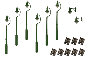 4mm Scale Swan-Neck Lamps Value Pack - Green (2x Wall Lamps, 6x Street/Platform Lamps)